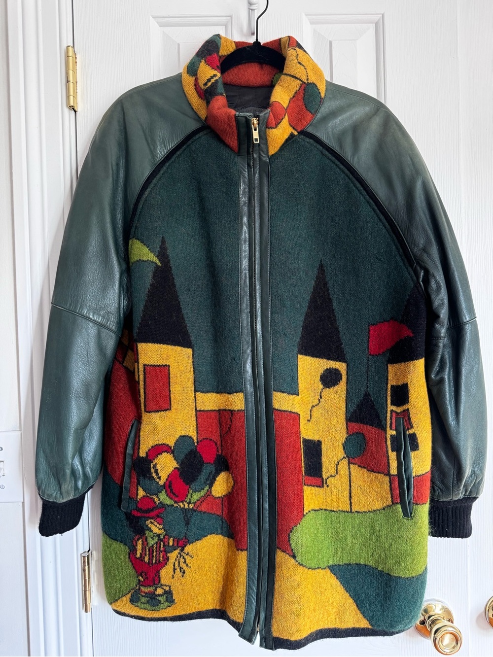 Vintage 90s TORRAS Spain Circus Clown Balloon Wool Leather Art Coat Jacket